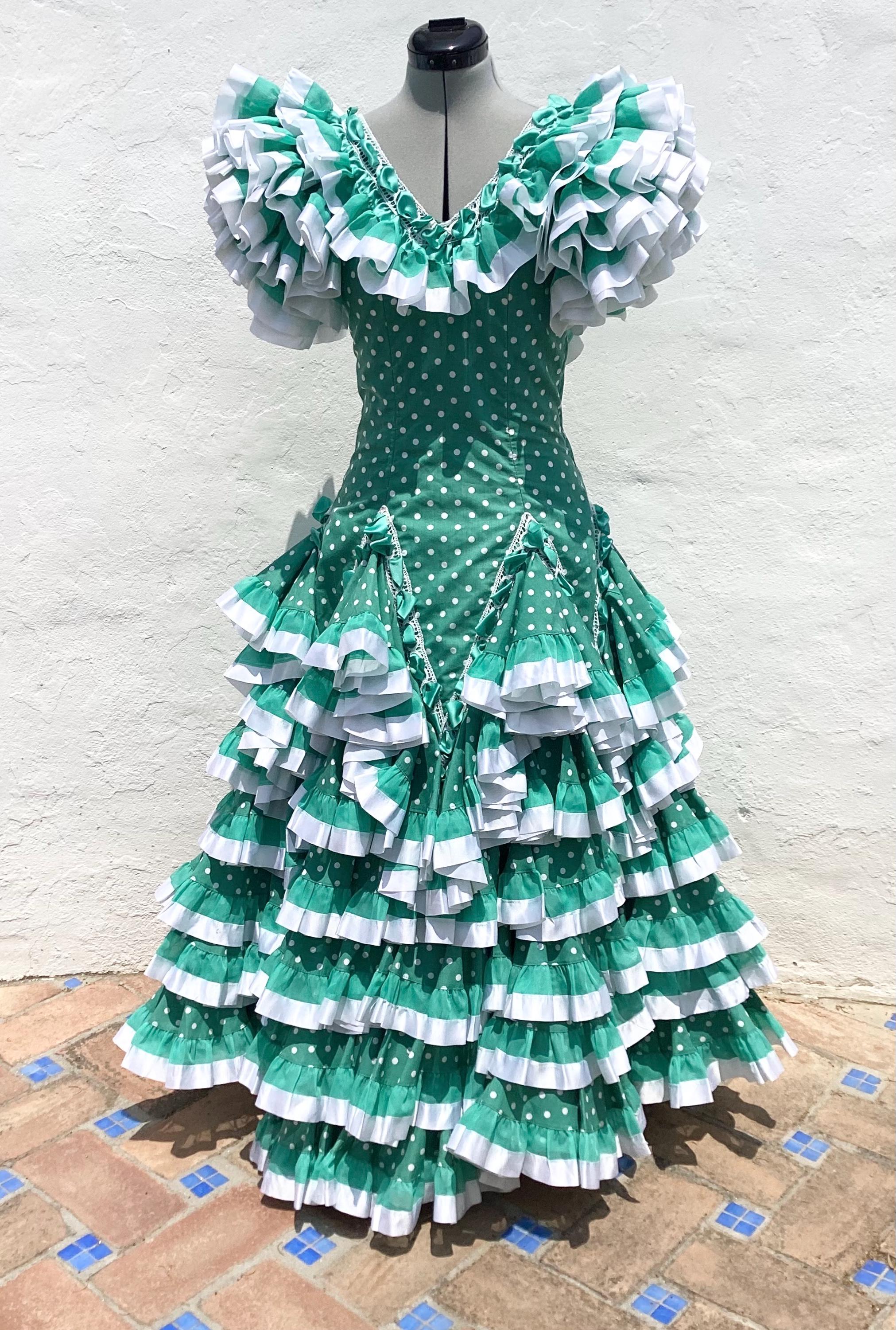 Vintage Spanish Flamenco Dress, Green Polkadot, Satin Ribbon Detail, Size  6/8 US - Etsy