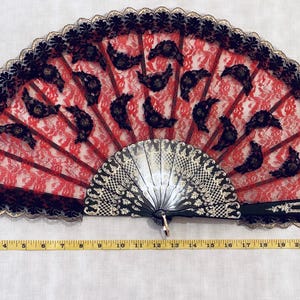 XL Schwarz + Rote Spitze Spanischer Abanico/Handfächer Goldbemalte Detaillierung - Fiesta/Party/Abend/Anlass/Theater/Tanz/Cosplay
