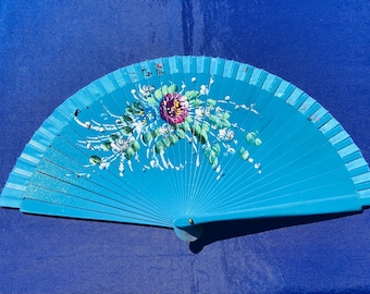 Vintage Spanischer Türkislack Handgemalter Abanico / Handfächer - doppelseitiges Design