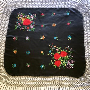 Vintage Black Satin Square Manton de Manila Hand Embroidered Flowers, Hand Knotted Border + Long Fringe Small Size Piano Shawl