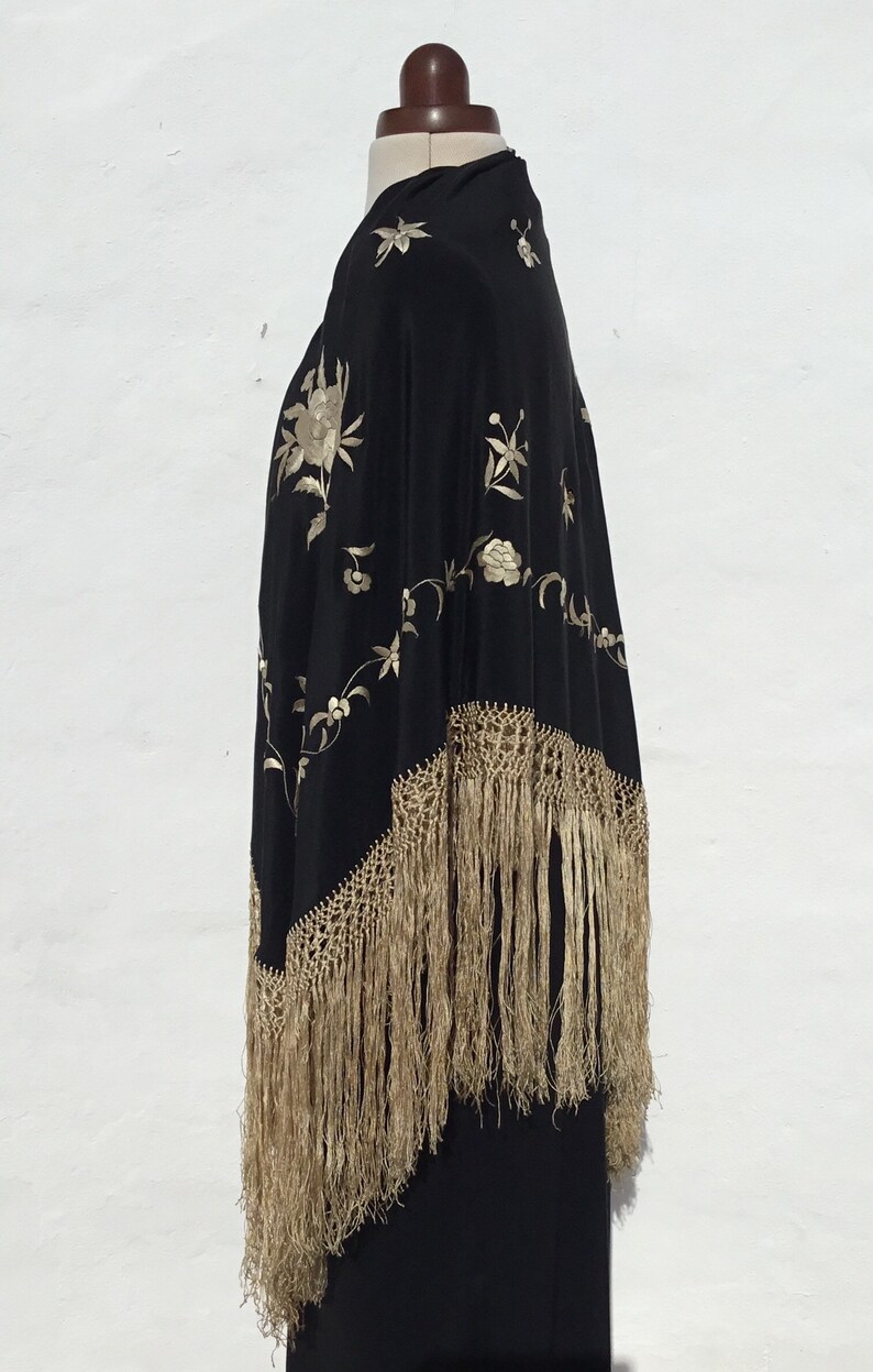 Handknotted Border+Fringe Antique Spanish Black Silk Crepe de Chine PianoMalacca Shawl with Pale Gold Hand Embroidered Flowers