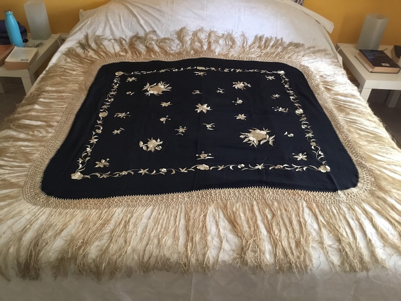 Handknotted Border+Fringe Antique Spanish Black Silk Crepe de Chine PianoMalacca Shawl with Pale Gold Hand Embroidered Flowers