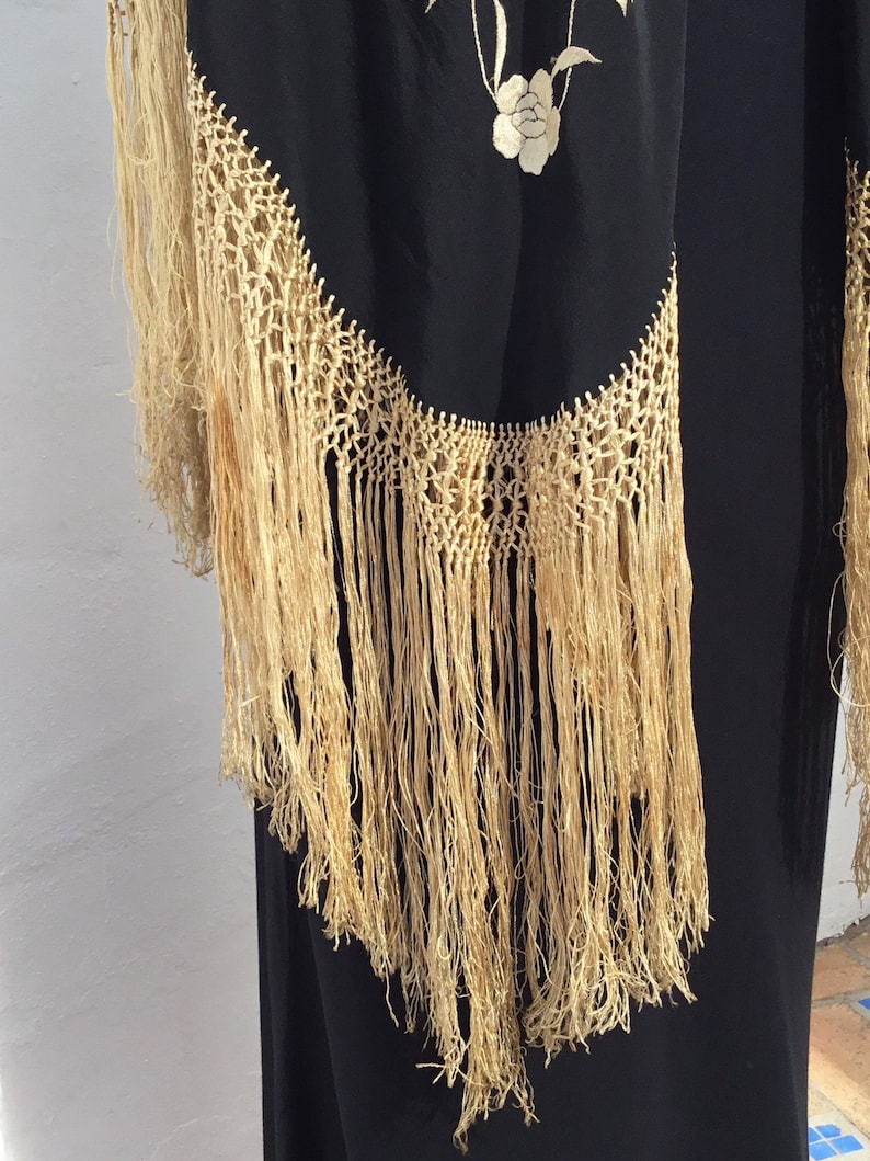 Handknotted Border+Fringe Antique Spanish Black Silk Crepe de Chine PianoMalacca Shawl with Pale Gold Hand Embroidered Flowers