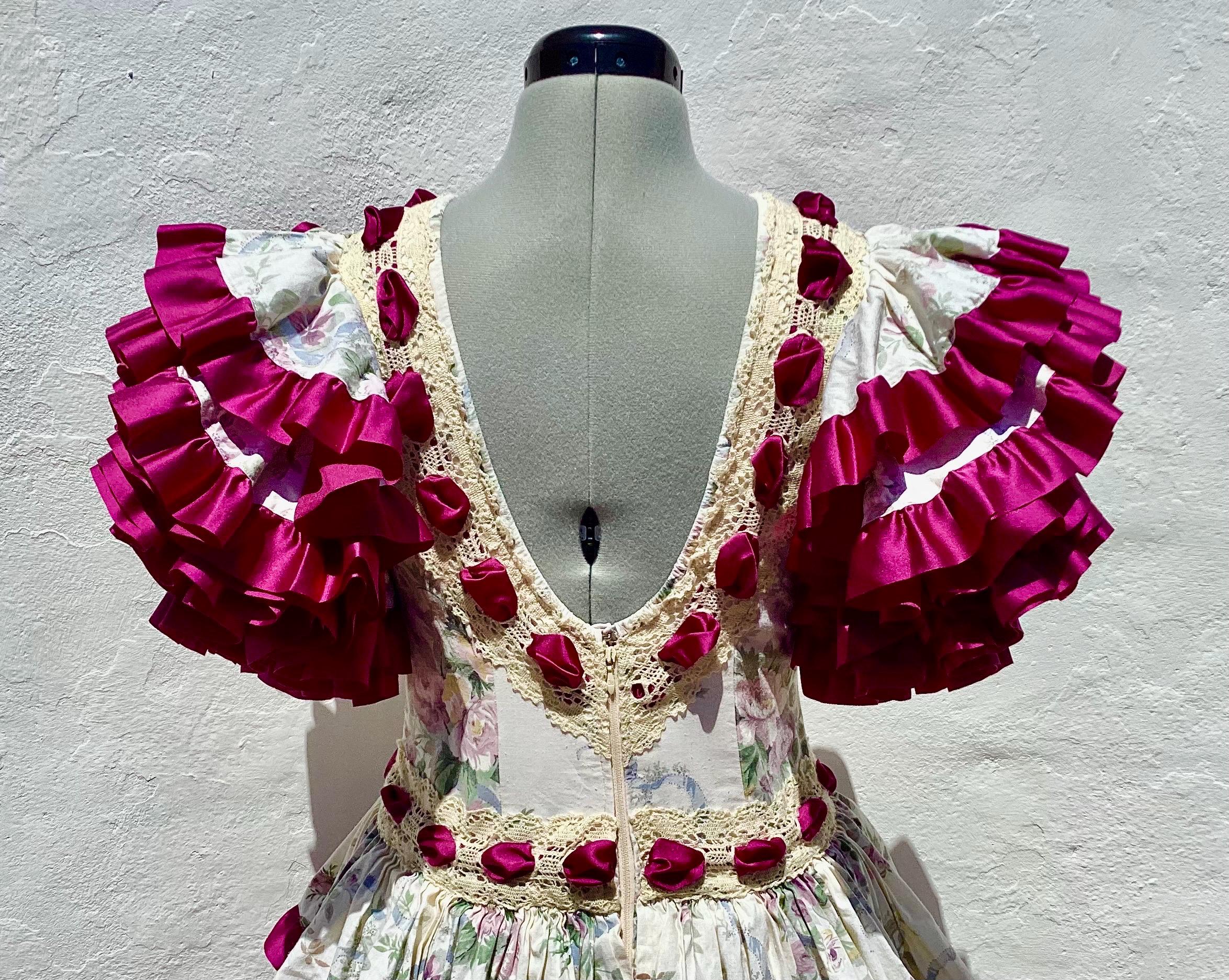 Vintage 1970s Spanish Flamenco Dress, Floral Cotton, Magenta Ribbons 32 ...