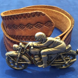 Rare Vintage Brown Embossed Leather Belt with Heavy Metal Motor Cycle Racer Buckle - Maximum Waist Size 30”(76cm)