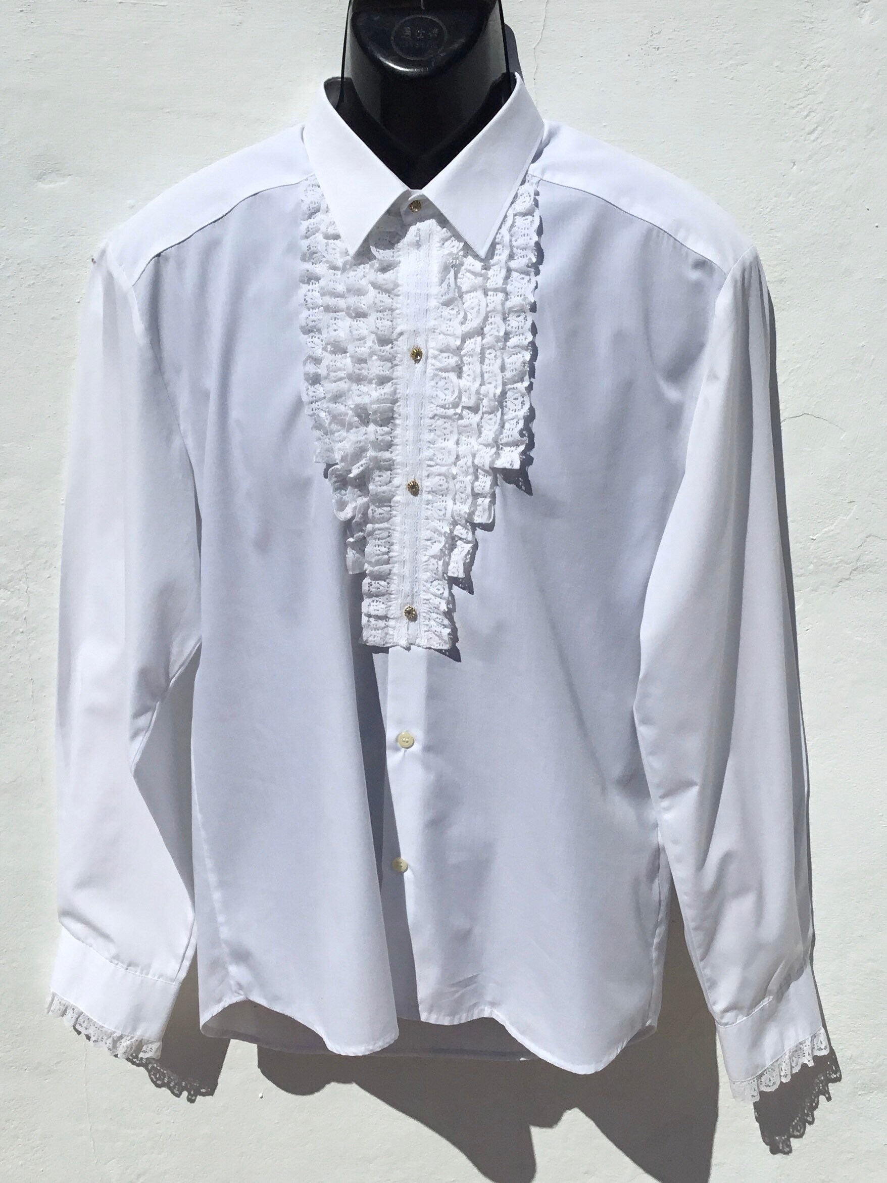Image of Vintage Spanish Frilled Front Flamenco/Equestrian/Formal Dress Shirt, White With Lace & Diamante Buttons Chest 46"(117cm
