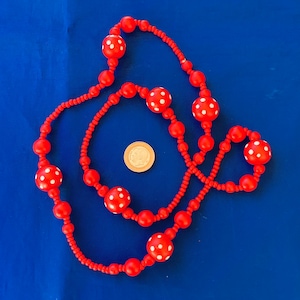 Spanish Flamenco Long Bead Necklace Handpainted Red/White Polkadots - Vintage Deadstock - Unused - NEW - Pretty Party/Fiesta Bead Necklace