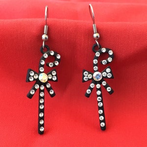 Sparkling Diamante Black Walking Sticks with Bows Unusual Spanish Flamenco Earrings/ Pendientes 1990’s Vintage Deadstock New + Unused