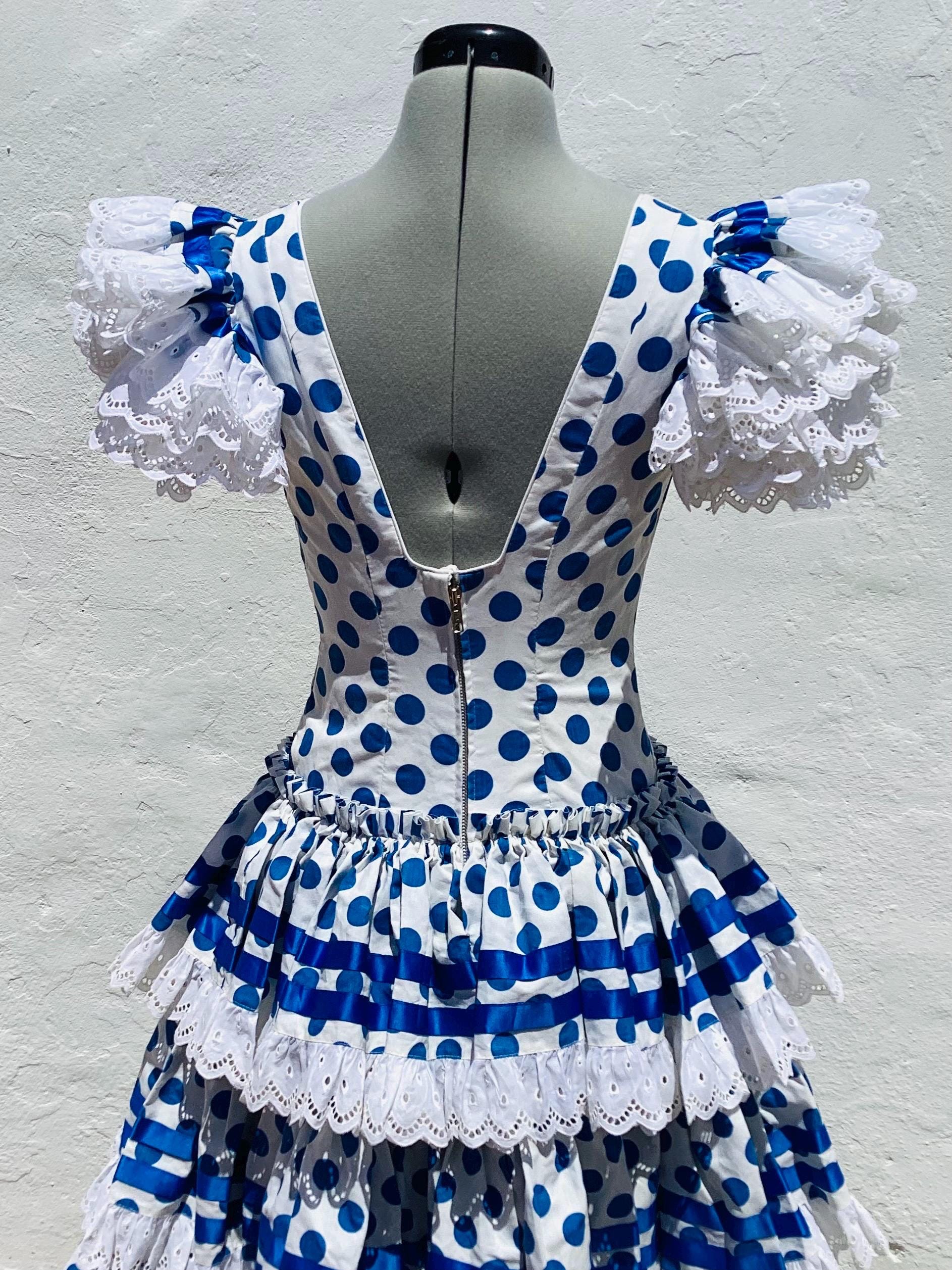 Vintage Spanish Flamenco Dress, Blue Polka Dot White Lace, 8UK