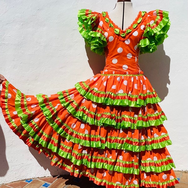Spanish Flamenco Gypsy Dress Vibrant Orange/White Polkadots+Bright Satin Ribbons+Lace,Circle Skirt. SIZE 14/16UK 10/12US  EU42/44