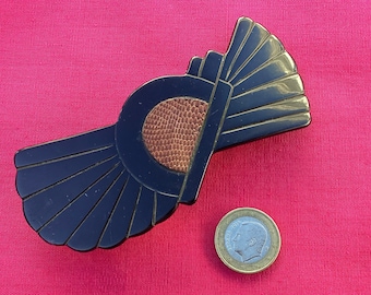 Vintage Fan Shaped Deco Style Hair Clip Two Tone Brown Plastic Barrette - Made in France