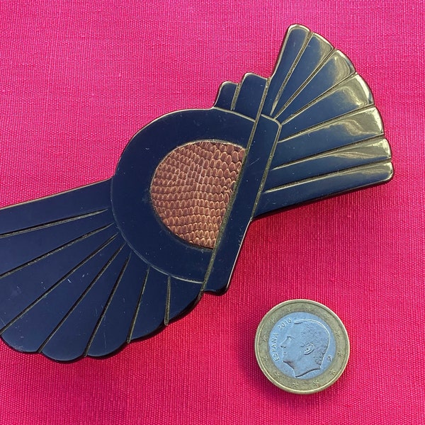 Pince à cheveux vintage en forme d'éventail de style déco, barrette en plastique marron bicolore - Fabriquée en France