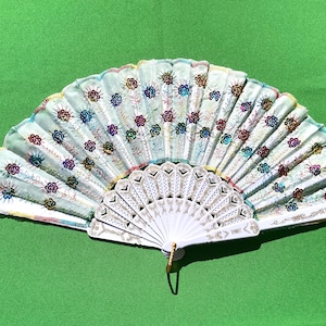 White/Rainbow Vintage Spanish Hand Fan (Abanico) with Rainbow Sequins + Embroidery - Vintage Deadstock - New + Unused - Fiesta/Party/Dance