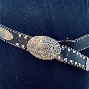 Classic “American Cowboys” El Charro Mexicano Conchos Belt - Black Leather Strap + Heavy Silver Tone Buckle - Max 38”(96.5cm) Waist Size
