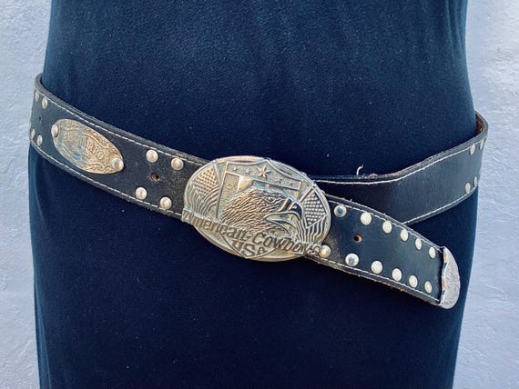 Ceinture concho vintage El Charro - Cuir noir, boucle argentée (taille 38 pouces) « American Cowboy » - France