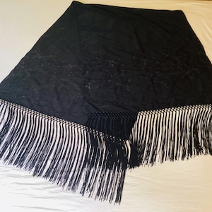 Vintage Fine Black Silk Embroidered Stole with Hand Knotted Long Tasselled Fringe XLong Rectangular Shape Evening/Goth/Mourning/Occasion