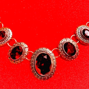 Beautiful Vintage Silvertone Necklace with Large Sparkling Ruby Rhinestones + Snake Chain