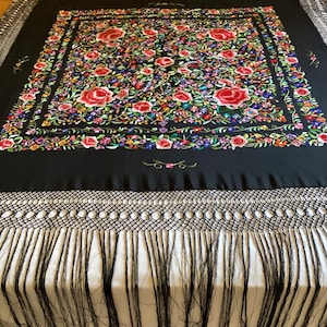 True Vintage Spanish Flamenco Manton de Manila/Piano Shawl Black Silk Crepe de Chine Beautiful Floral Hand Embroidery Knotwork + Long Fringe