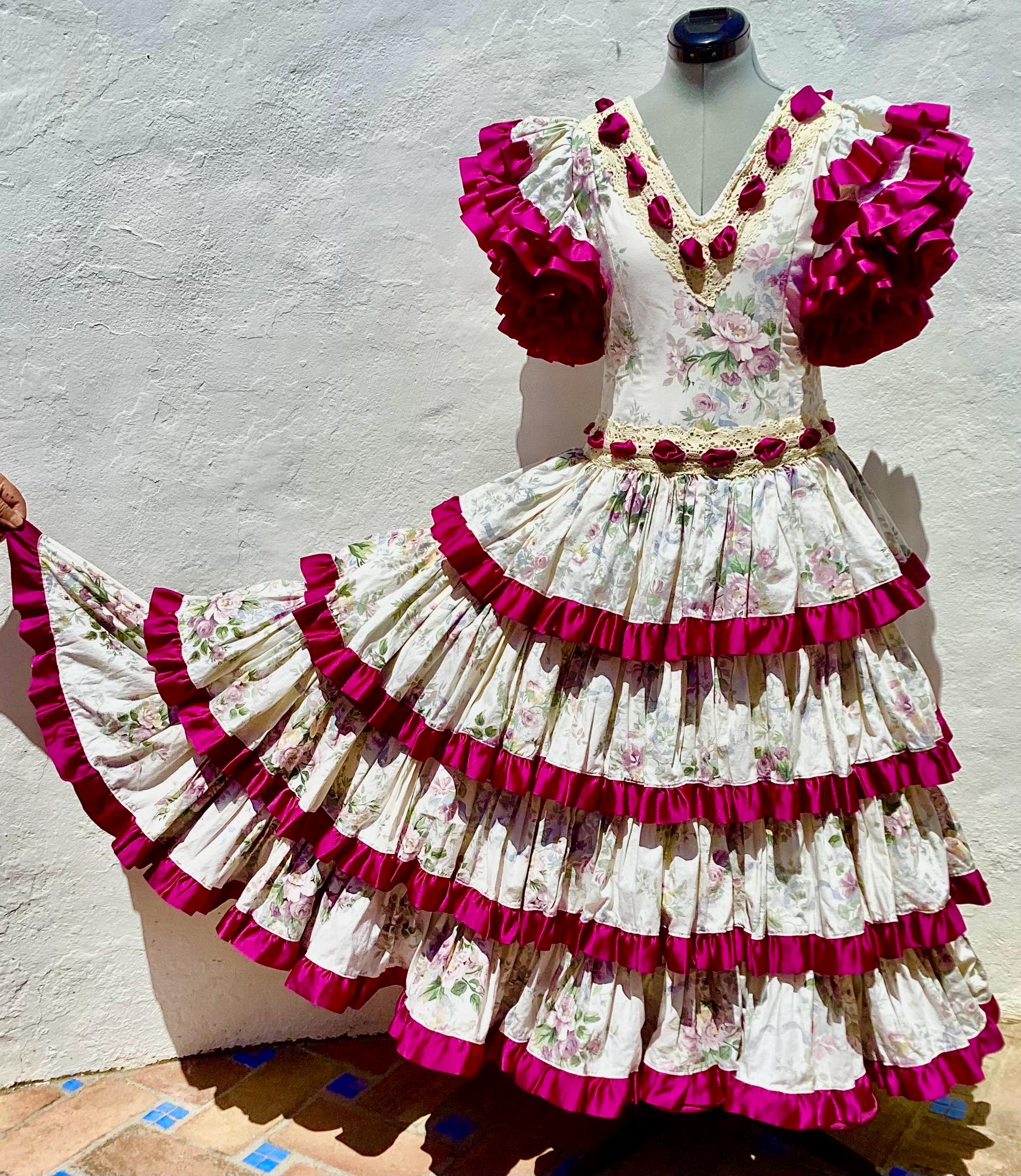 Vintage 1970s Spanish Flamenco Dress, Floral Cotton, Magenta
