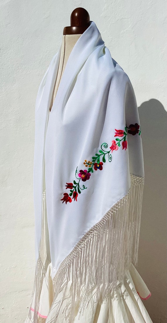Vintage White Shawl with Bright Colourful Hand Em… - image 1