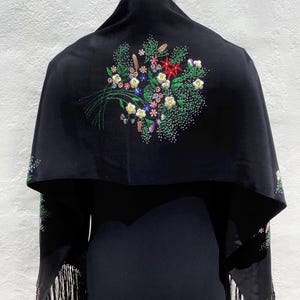 Vintage Long Black Stole with Long Silky Fringes and Delicate Hand Embroidered Floral Motifs - Rectangular Shape - Evening/Theatre/Occasion