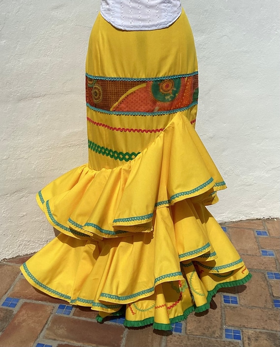 Stunning Yellow Ruffled Flamenco mermaid Skirt With Colourful