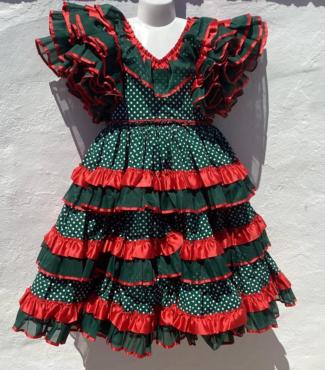 Girls Spanish Flamenco Dress Forest Green/white Polkadots+red Satin ...