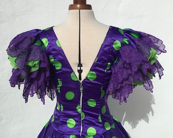 Vntg Spanish Flamenco Dress Fabulous Purple+emerald Green