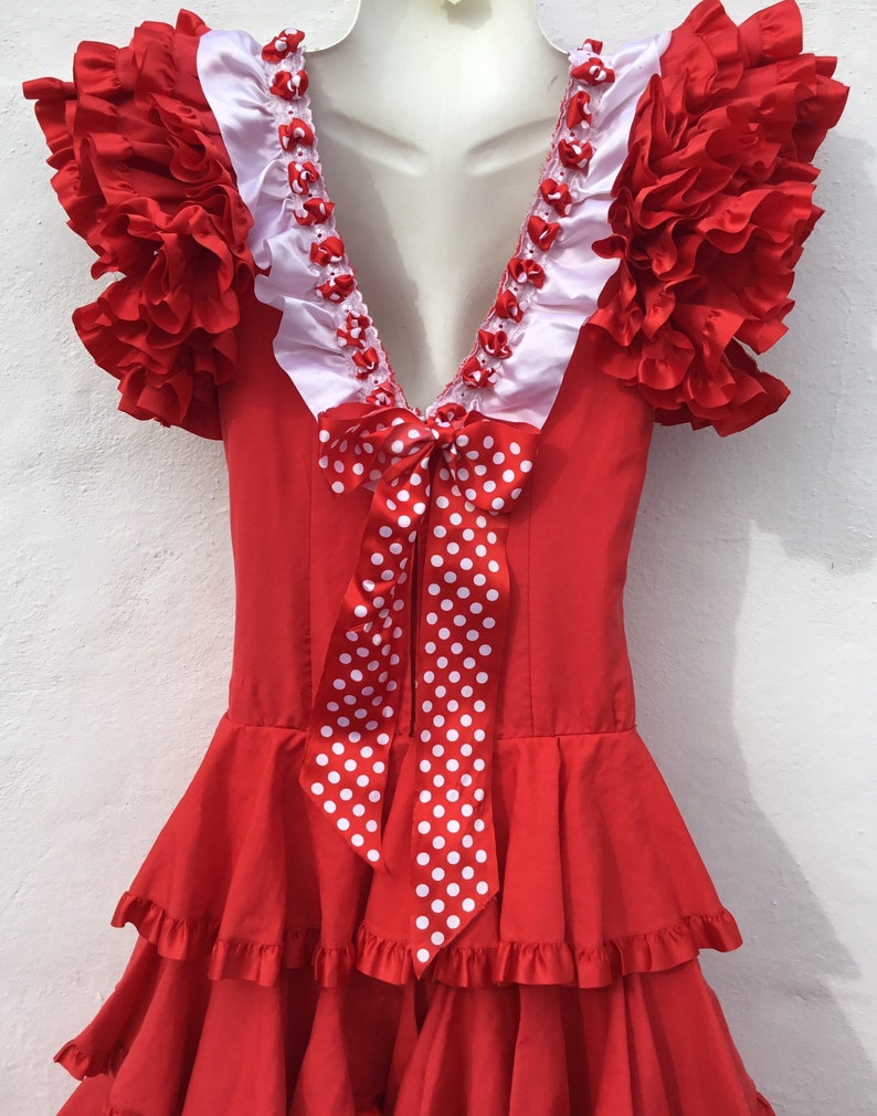 Vntg Spanish Flamenco Gypsy Dress, Scarlet/White/Polkadot Satin Ribbons Petite Size 30'(76cm)Bust Age 12-14 approx Young Teens 