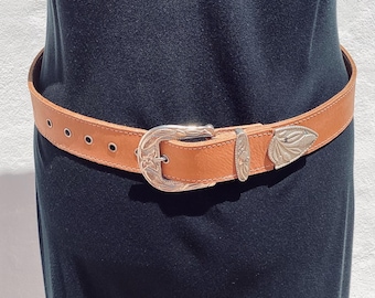 Vintage Tan Leather Western Belt - Silver Tone Buckle Set, Unisex 34"