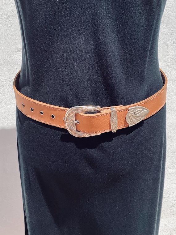 Vintage Tan Leather Western Belt - Silver Tone Buckle Set  display picture 1