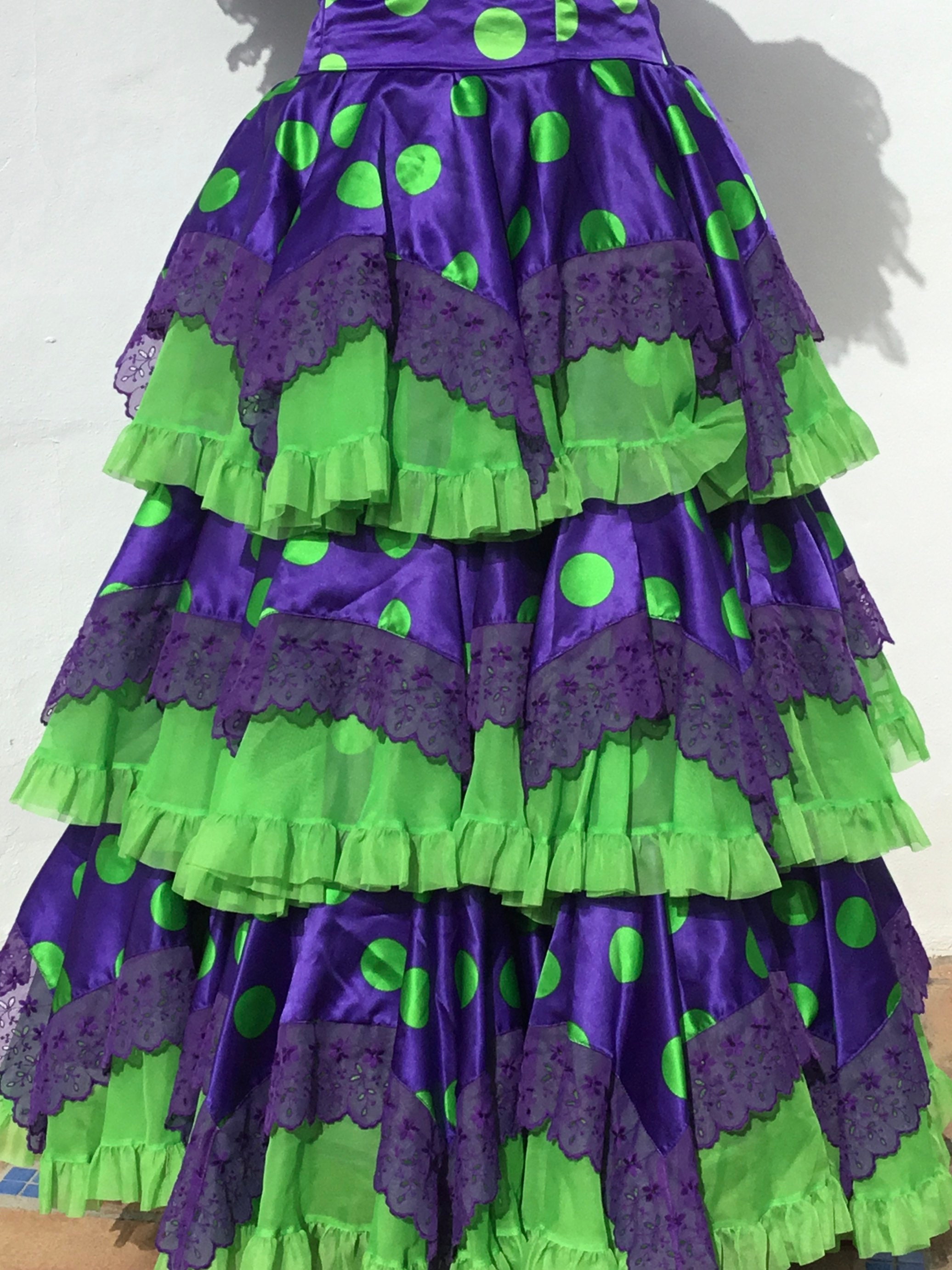 Vintage Spanish Flamenco Dress, Purple Emerald Satin Polka Dot, 36