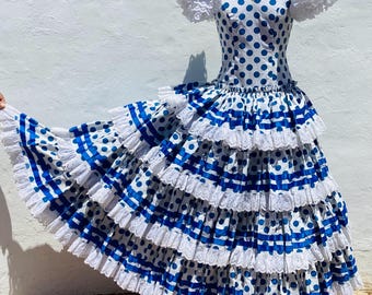 フラメンコドレス 青茶 水玉模様 フラメンコドレス 青茶 水玉模様 フラメンコドレス ネイビーと赤の水玉