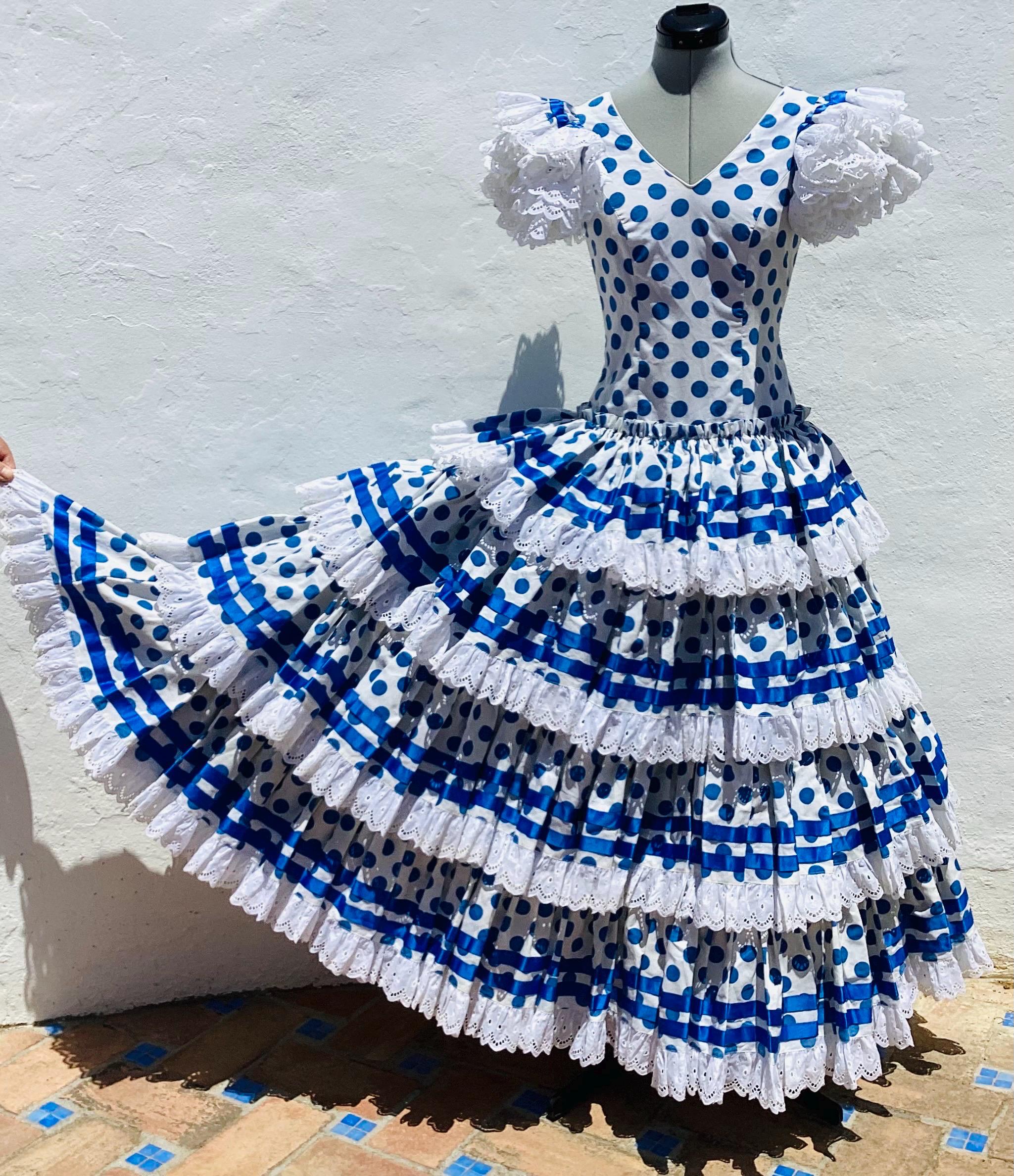 Vintage Spanish Flamenco Dress, Blue Polka Dot White Lace, 8UK - Etsy Vintage Spanish Flamenco Dress, Blue Polka Dot White Lace, 8UK - Etsy