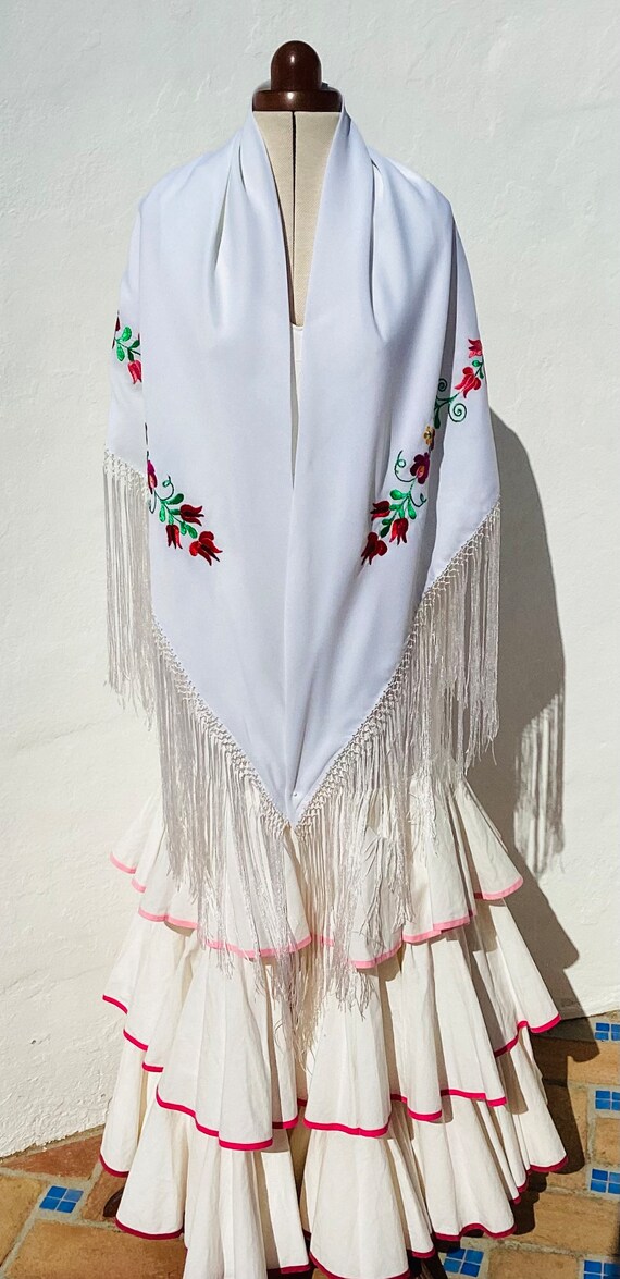 Vintage White Shawl with Bright Colourful Hand Em… - image 4