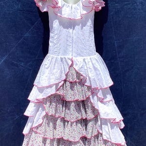 White Cotton Broderie Anglaise Lacey Spanish Flamenco/Wedding/Flowergirl Dress+Cascade of Pink Floral Multifrills 30”(76cm) Bust Small Size