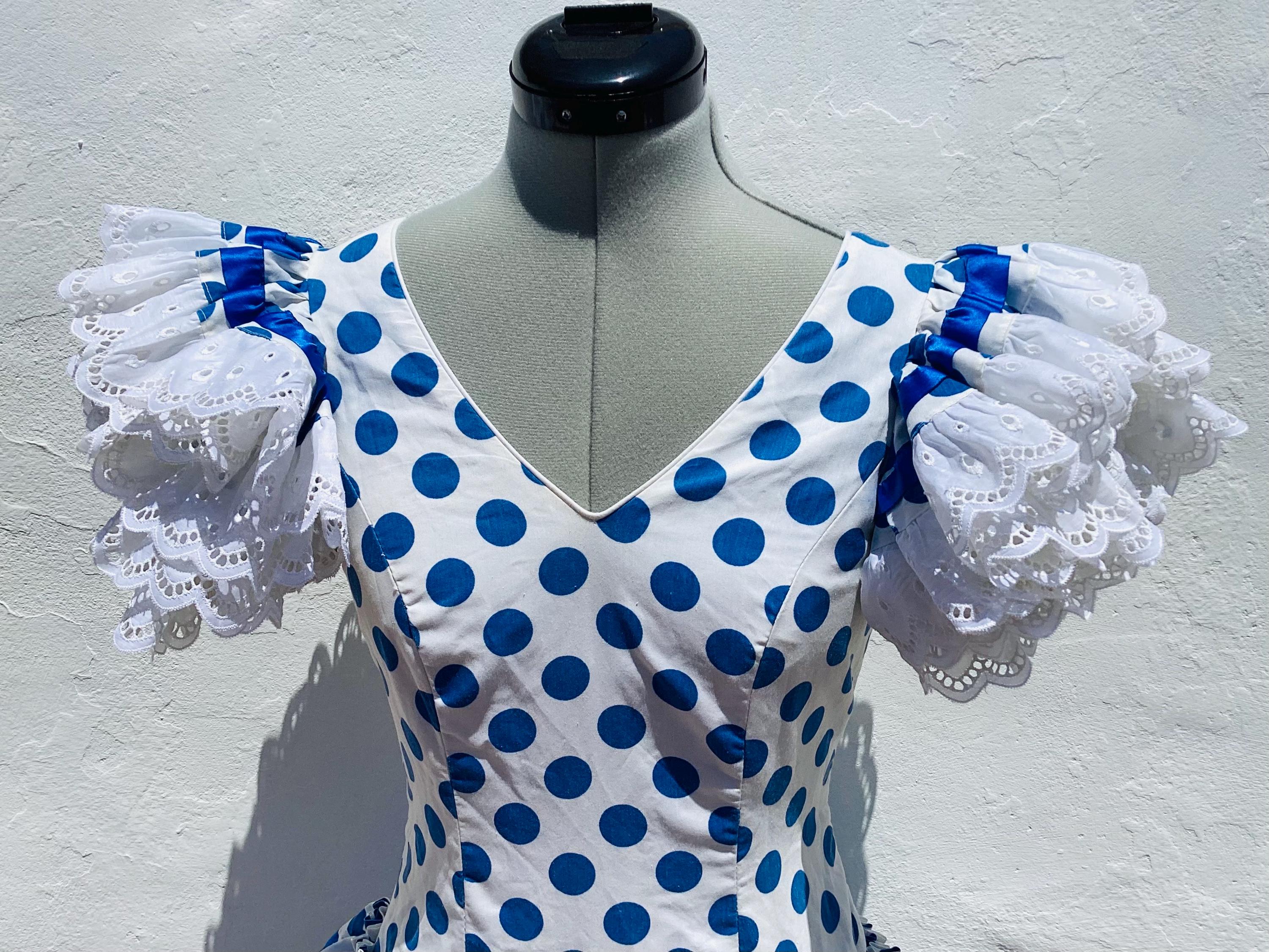Vintage Spanish Flamenco Dress, Blue Polka Dot White Lace, 8UK