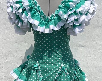 Vintage Spanish Flamenco Dress, Green Polka Dot Satin Ribbon