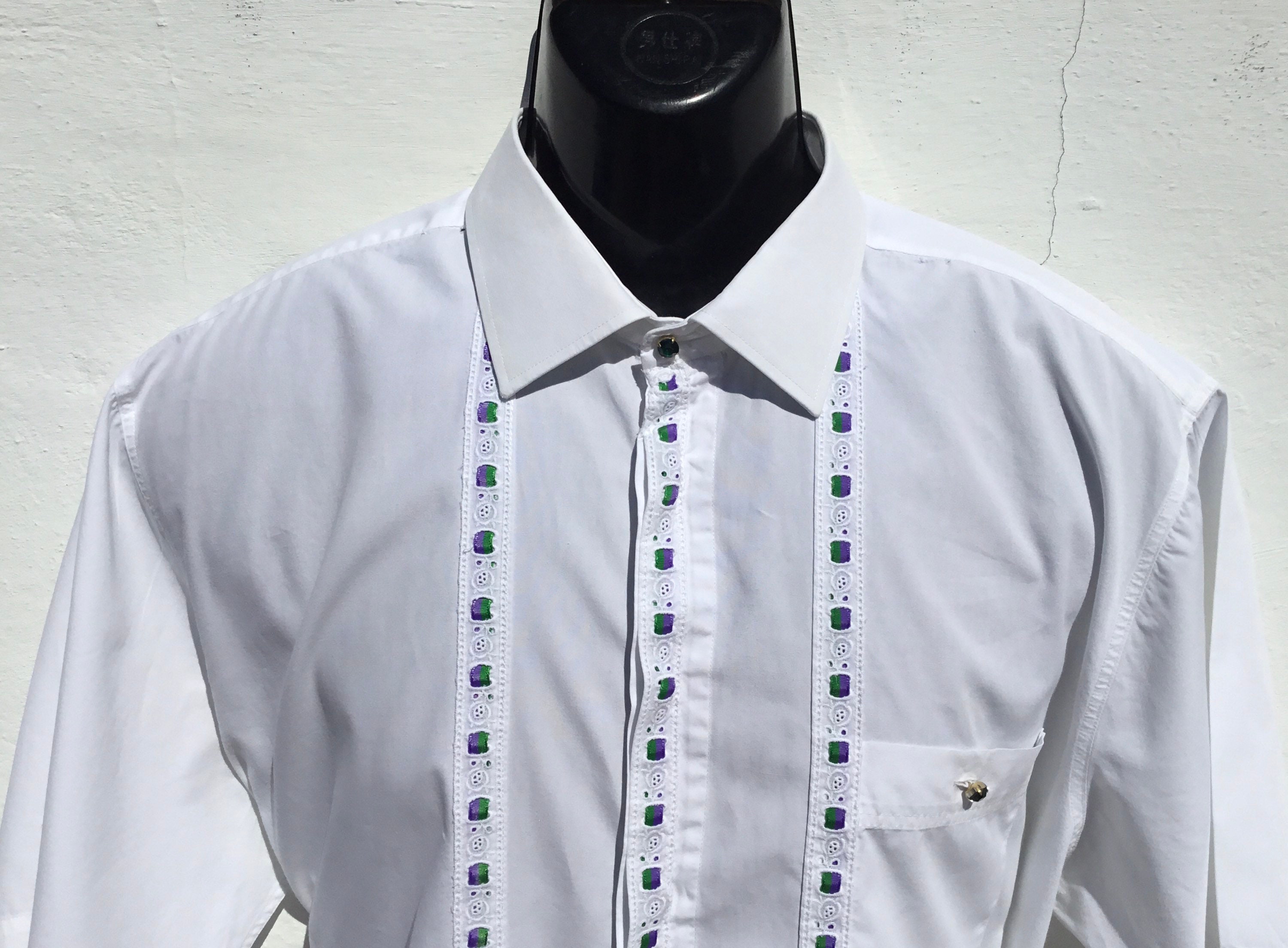 Image of Vntg Spanish Flamenco/Equestrian/Tuxedo Shirt Fancy Lace, Purple + Green Ribbons, Emerald Diamante Buttons Chest Size 50"(127cm