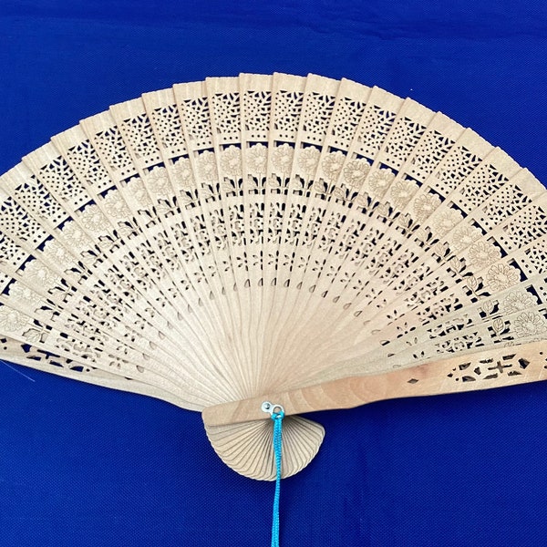 Vintage Natural Wooden Hand Fan (Abanico) with Decorative Pierced Design and Printed Sunflowers  Fiesta/Flamenco/Evening/Party/Feria