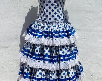 Vintage Spanish Flamenco Dress, Blue Polka Dot White Lace, 8UK