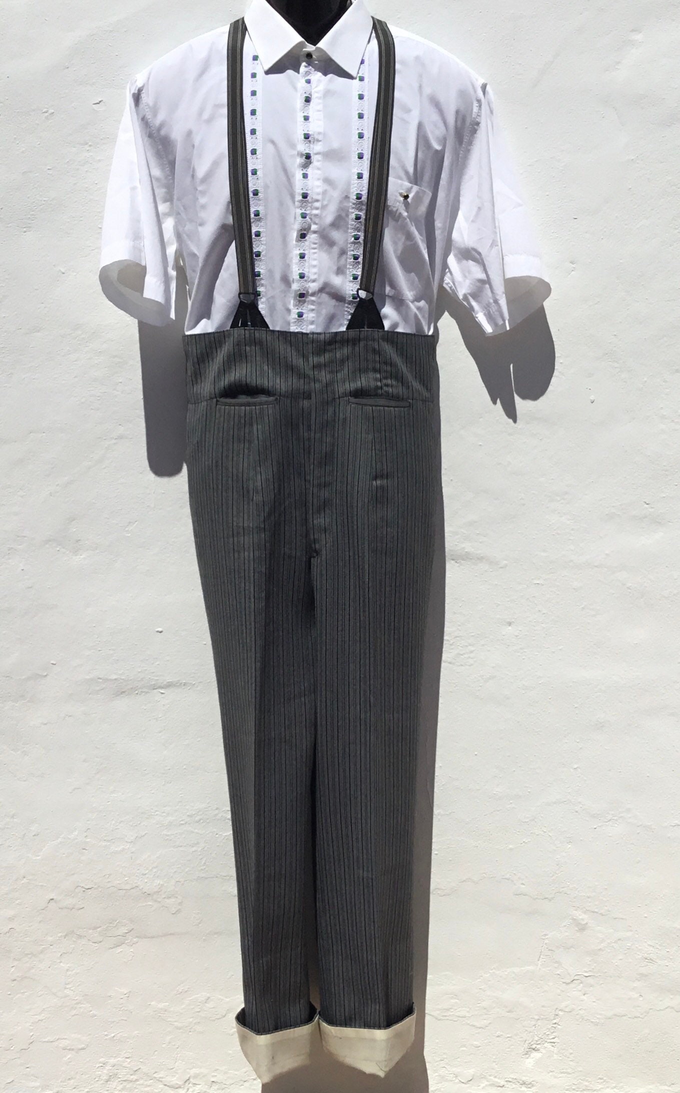 Image of Vintage Spanish Hi Waisted Grey/Black Pinstriped Equestrian/Flamenco Trousers Waist 32"(81.5cm Leg 27.5"(70cm For Button On Braces
