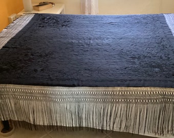 Antique Black Silk Manila Shawl Hand Embroidered with Oriental Motifs + Flowers XL Square Piano Shawl from Andalucia in Southern Spain