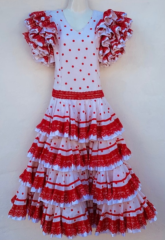Classic Spanish Flamenco Gypsy Dress Vintage White Dress With Red Polkadots Cotton Lace Satin Ribbons Circle Skirt bust Size 3281cm Etsy Canada