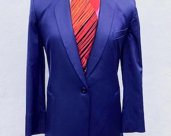 Blazer vintage Emporio Armani em cetim, azul sob medida, fabricado na Itália, tamanho 16UK.