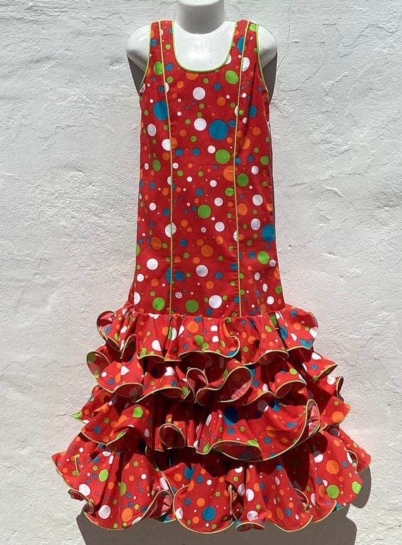 Vestido gitano de flamenco espanol para ninas bonito color rojo brillante con lunares de arcoiris y falda circular con volantes multiples. Edad aproximada 8 a 10 anos. Pecho 26 66 Etsy Mexico