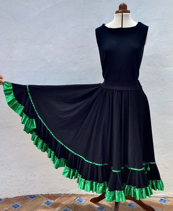 Vintage Spanish Flamenco Dance Skirt Black Circle Skirt With Emerald Green Satin Ribbons Stretch Waistband 2932 73.5cm 81cm Medium Size Etsy Canada