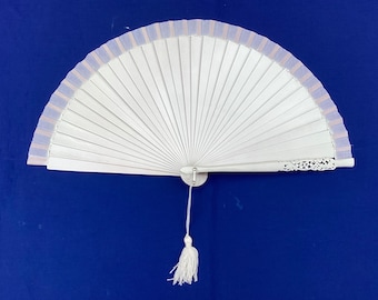 Spanish Hand Fan Vintage White Lacquered Wood with Decorative Pierced Detail + Rhinestones