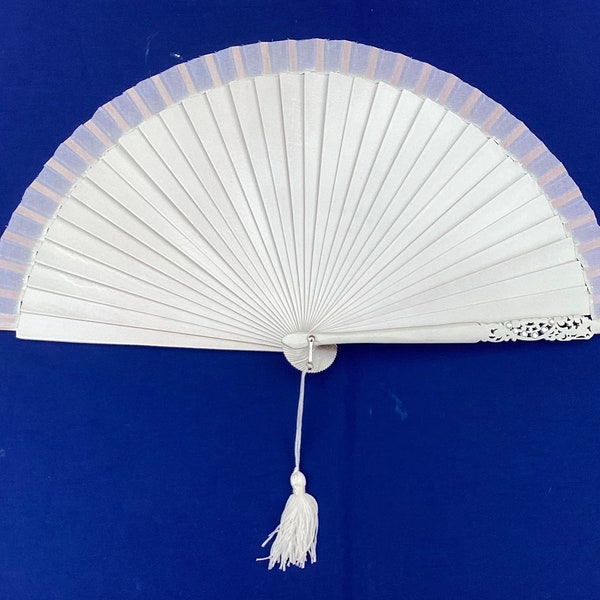 Spanish Hand Fan Vintage White Lacquered Wood with Decorative Pierced Detail + Rhinestones
