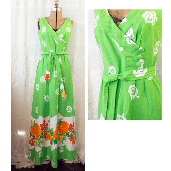 1960's or 70's Hawaiian Cotton Floral Maxi Dress w